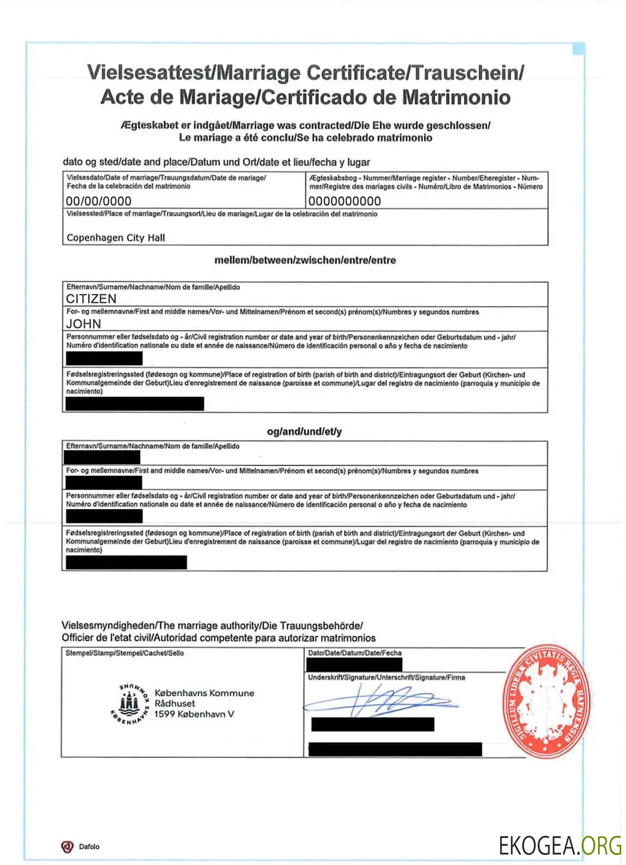 Acte de mariage international du Danemark